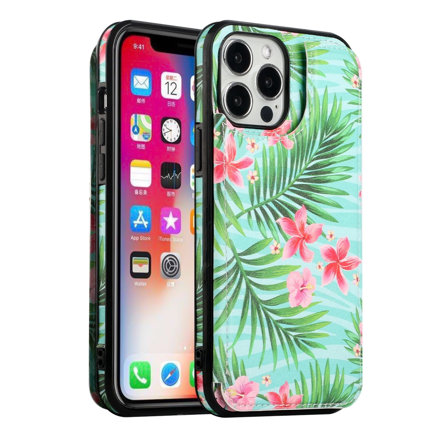 For Apple iPhone 14 PRO MAX 6.7" Luxury Side Magnetic Button Card ID Holder PU Leather Case Cover - Foral D