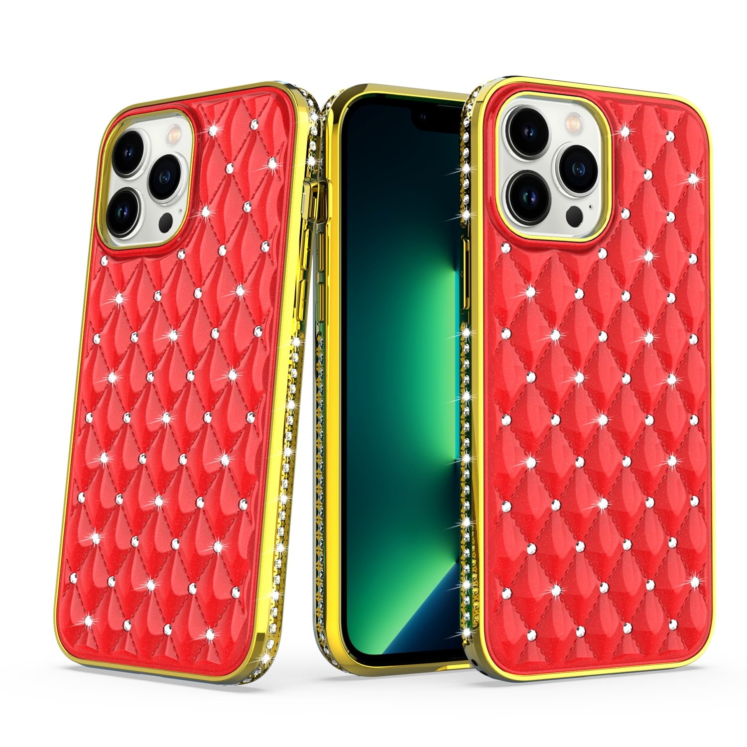 Shop For iPhone 14 PRO MAX Case Quilt Design Diamond Bling Chrome Plated Frame Cover