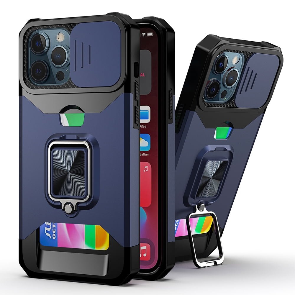Shop For iPhone 15 PRO Case Multi-Use Card Slot Ring Stand Cover + 2 Tempered Glass