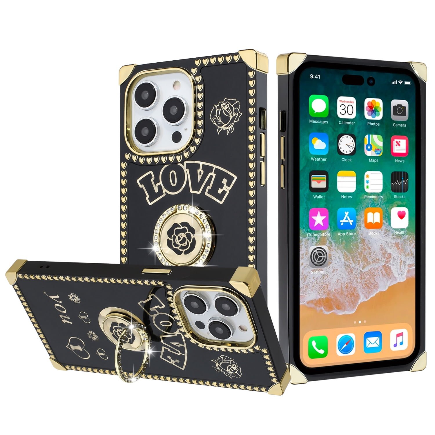 Shop For iPhone 15 Pro Passion Glitter Diamond Ring Stand Case Cover - BLACK CHROME F