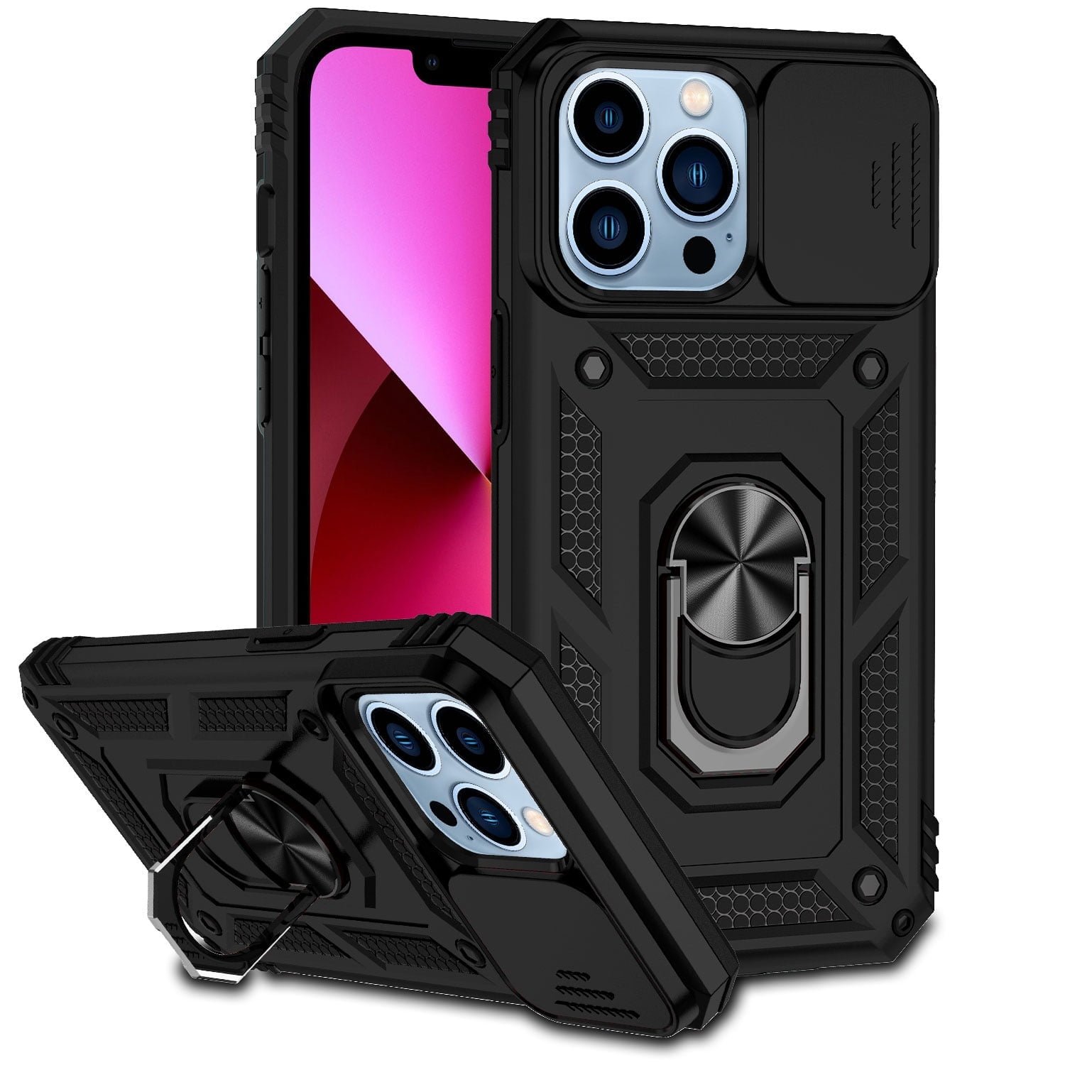 Shop For iPhone 15 Well Protective Magentic Ring Stand Camera Protective Cover Case - Black