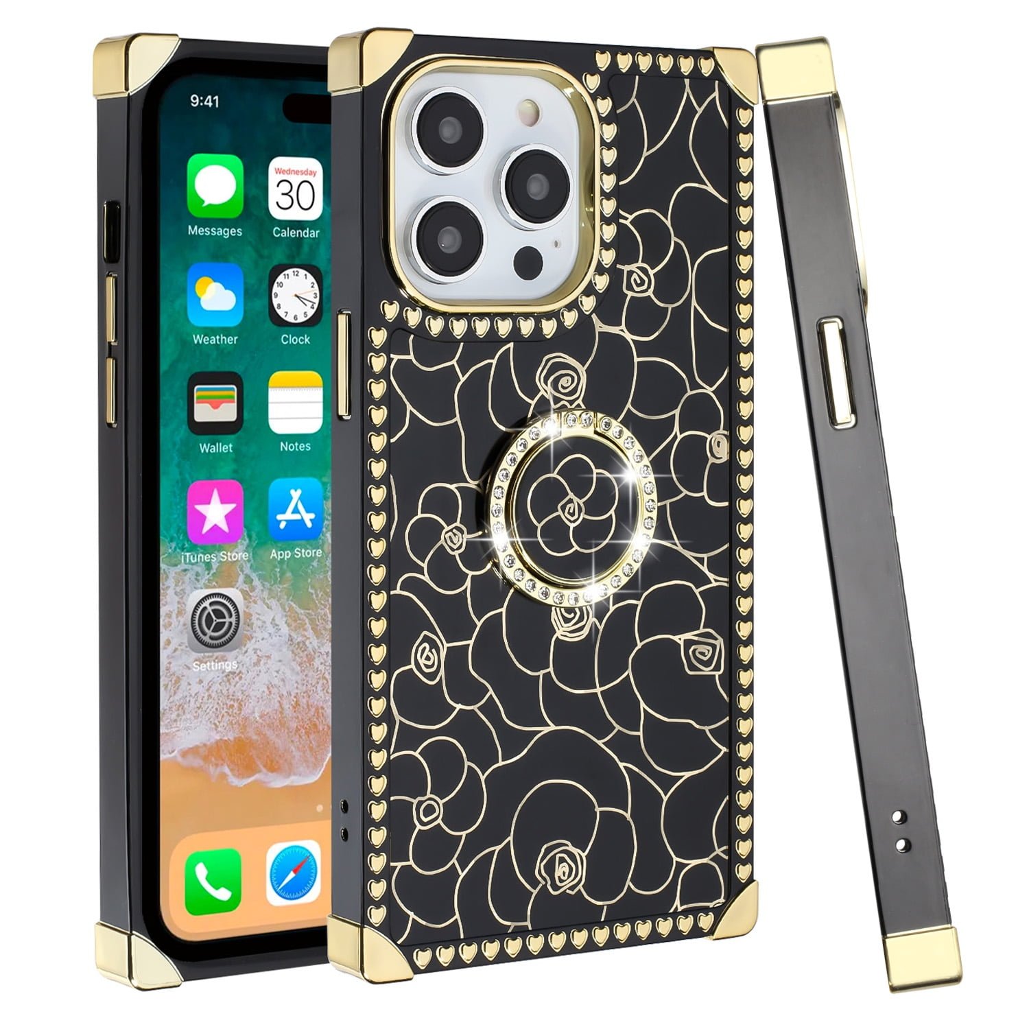 Shop For iPhone 15 Pro Passion Glitter Diamond Ring Stand Case Cover - Heart Design Black