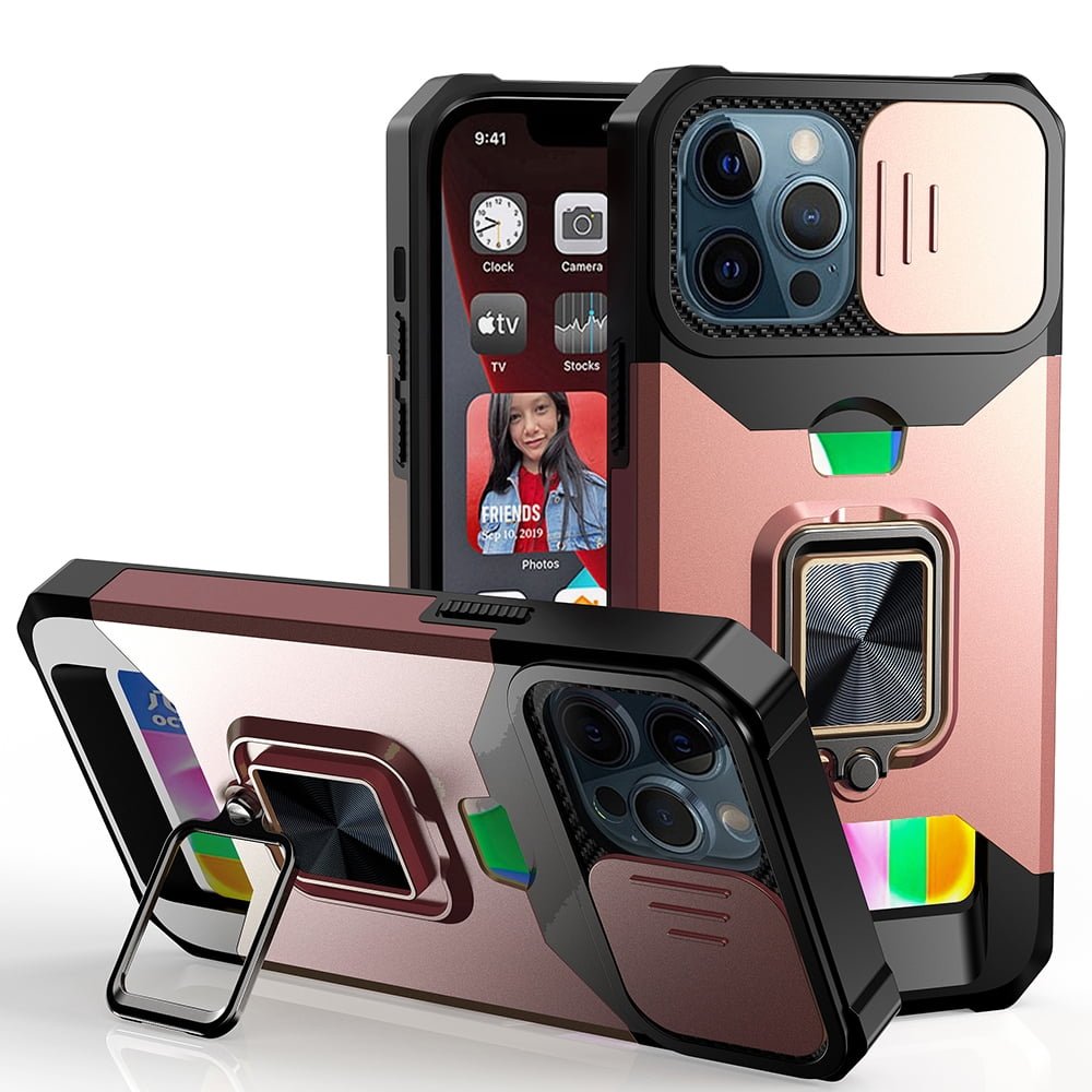 Shop For iPhone 15 Multi-Functional Card Magnetic Ring Stand Hybrid Camera Case Cover - Rose Gold