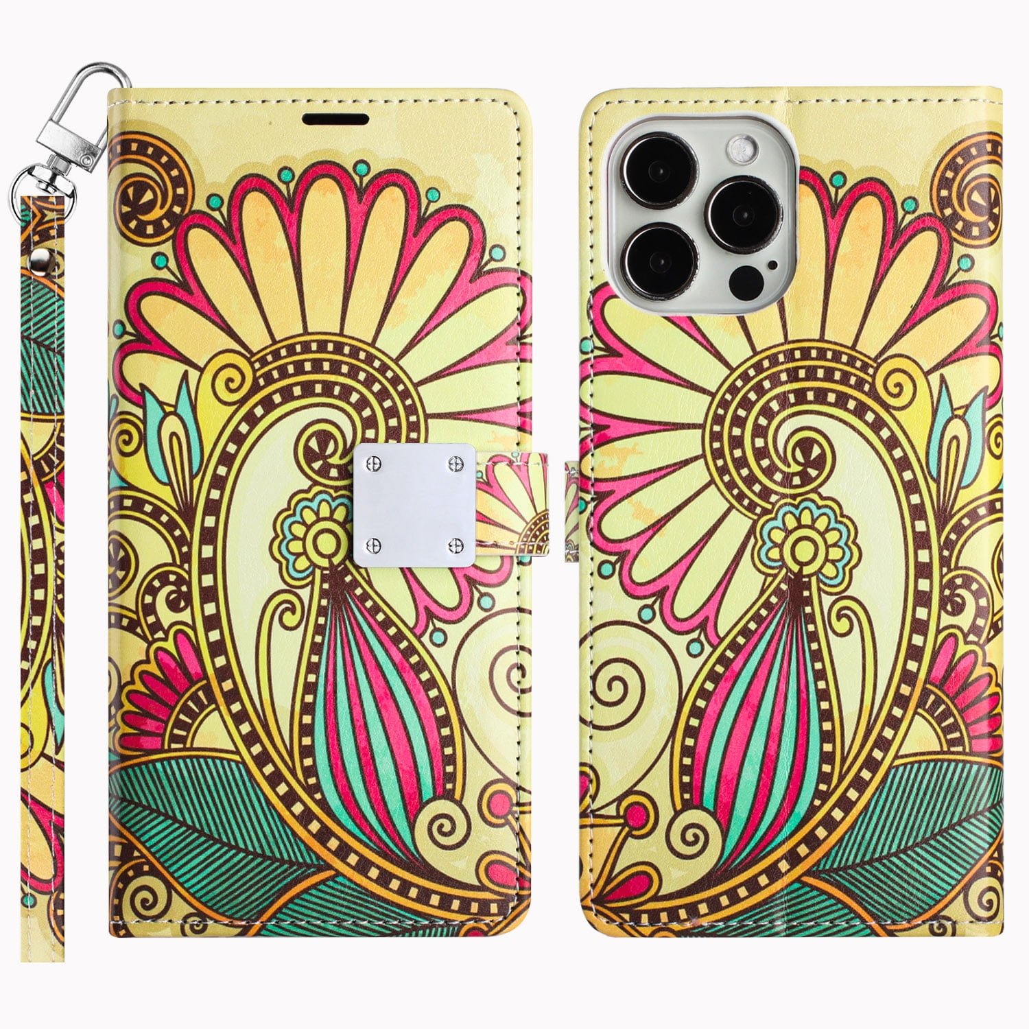 Shop For iPhone 15 Design Wallet ID Credit Card Money Holder with Magnetic Metal Closure including Lanyard - Antique Flower