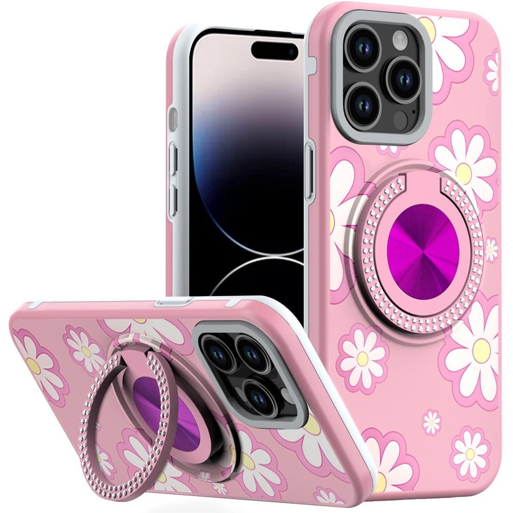 For iPhone 14 PRO MAX 6.7" Metal Diamond CD Pattern Design Matte Finished Hybrid with Rotational Ring [Car Mount Friendly] Case - Floral D