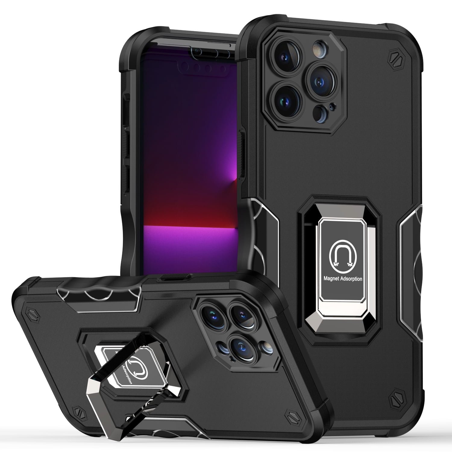 Shop For iPhone 15 PRO Case Grip Design Magnetic Ring Stand Cover + 2 Tempered Glass