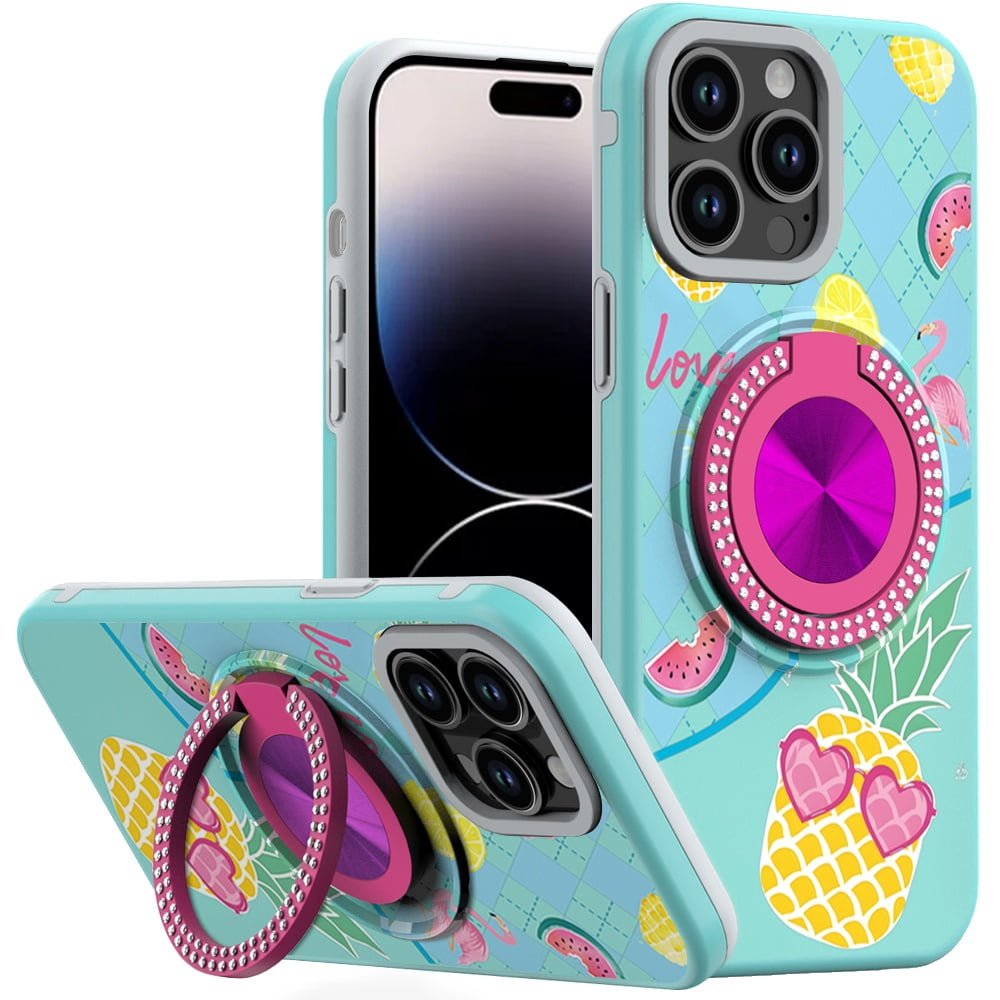 For iPhone 14 PRO MAX 6.7" Metal Diamond CD Pattern Design Matte Finished Hybrid with Rotational Ring [Car Mount Friendly] Case - Pineapple