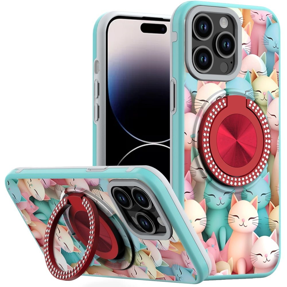 For iPhone 14 PRO MAX 6.7" Metal Diamond CD Pattern Design Matte Finished Hybrid with Rotational Ring [Car Mount Friendly] Case - Cats