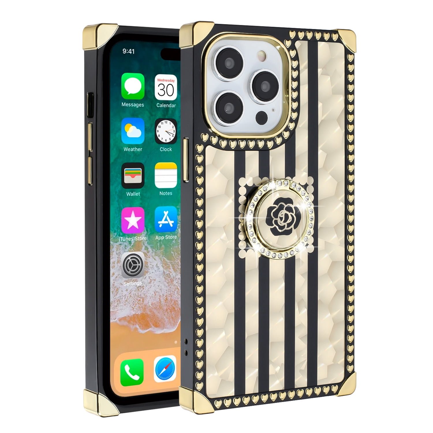 Shop For iPhone 15 Pro Passion Glitter Diamond Ring Stand Case Cover - BLACK CHROME D