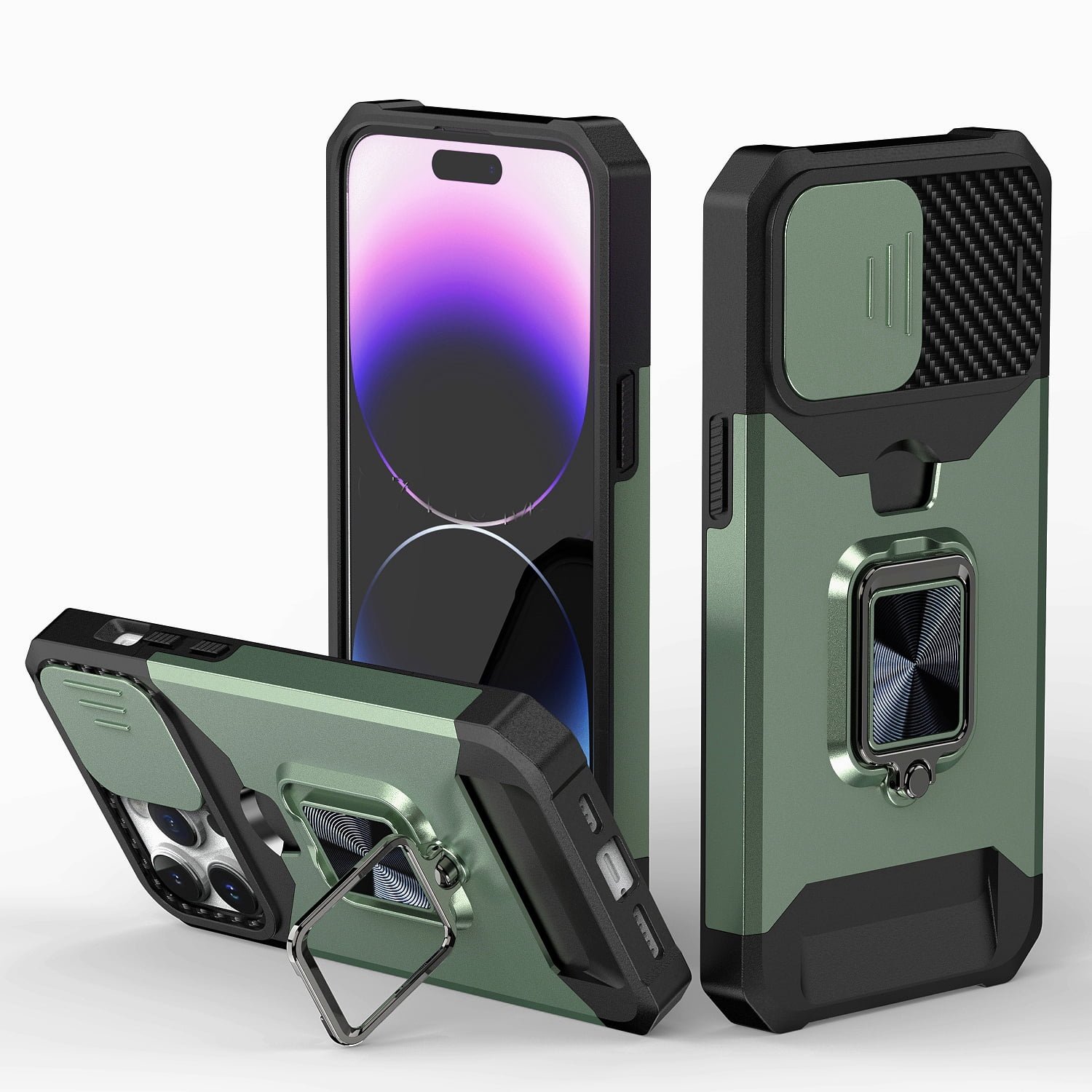Shop For iPhone 15 Multi-Functional Card Magnetic Ring Stand Hybrid Camera Case Cover - Midnight Green