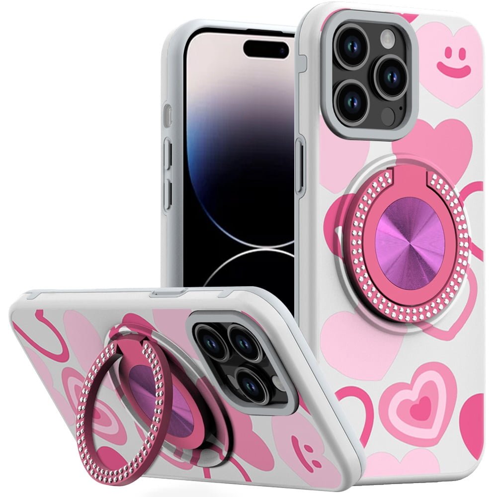 For iPhone 14 PRO MAX 6.7" Metal Diamond CD Pattern Design Matte Finished Hybrid with Rotational Ring [Car Mount Friendly] Case - Hearts