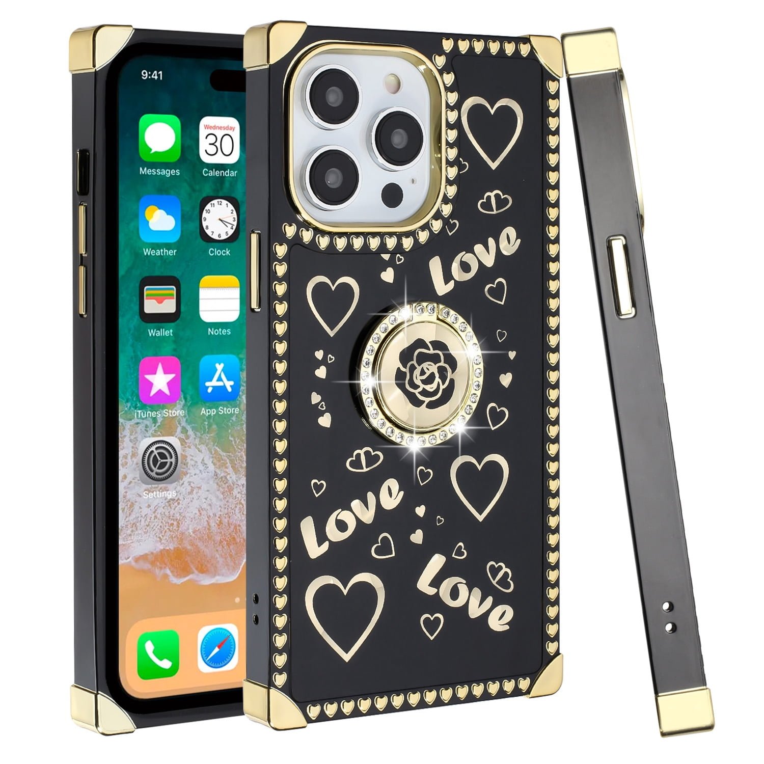 Shop For iPhone 15 Pro Passion Glitter Diamond Ring Stand Case Cover - BLACK CHROME H