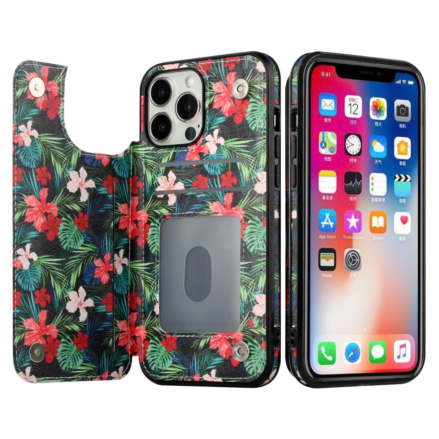 For Apple iPhone 14 PRO MAX 6.7" Luxury Side Magnetic Button Card ID Holder PU Leather Case Cover - Foral C