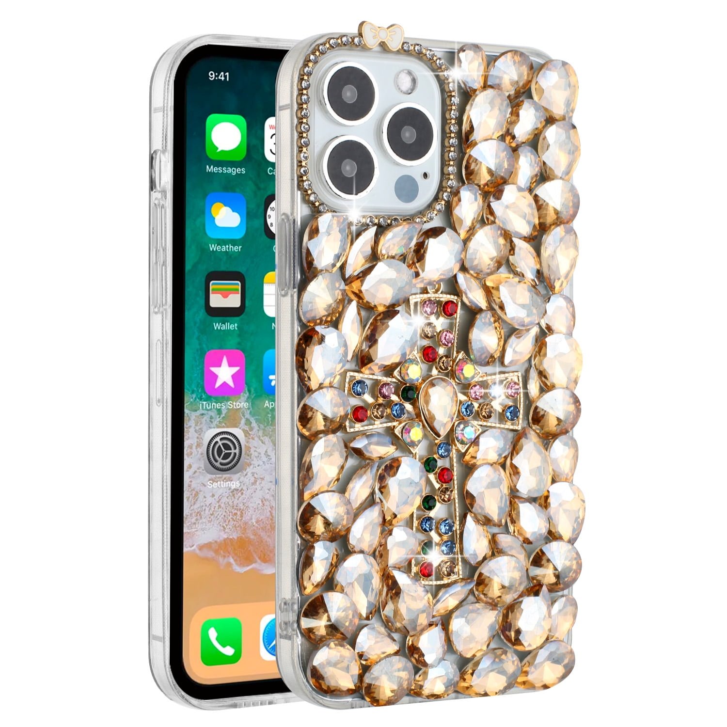 For iPhone 15 Cross Full Diamond Bling Case Cover - Gold