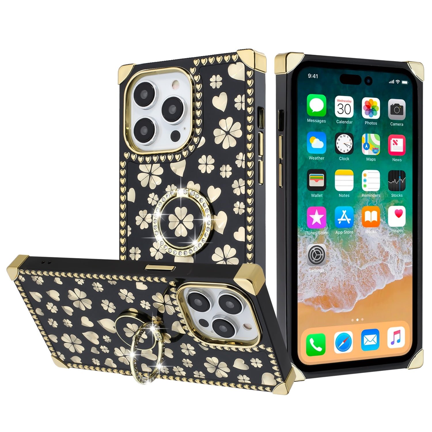 Shop For iPhone 15 Pro Passion Glitter Diamond Ring Stand Case Cover - Heart Design Black
