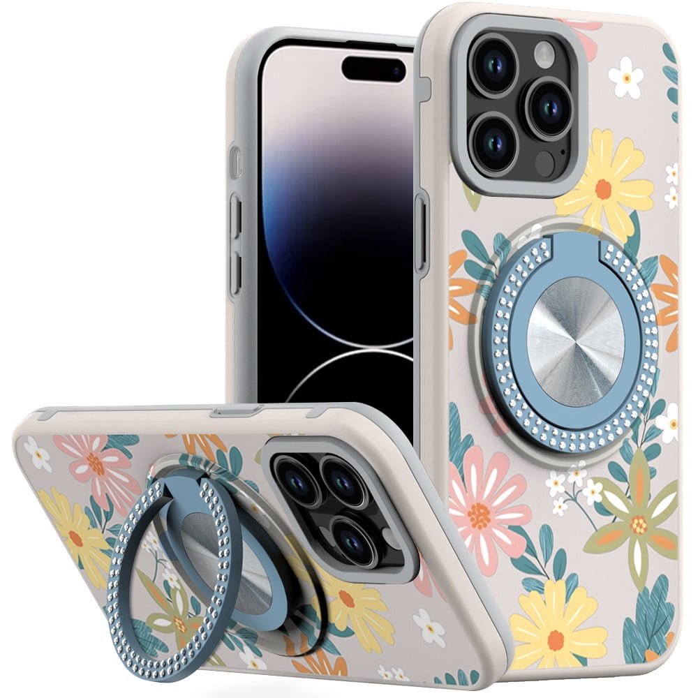 For iPhone 14 PRO MAX 6.7" Metal Diamond CD Pattern Design Matte Finished Hybrid with Rotational Ring [Car Mount Friendly] Case - Floral E
