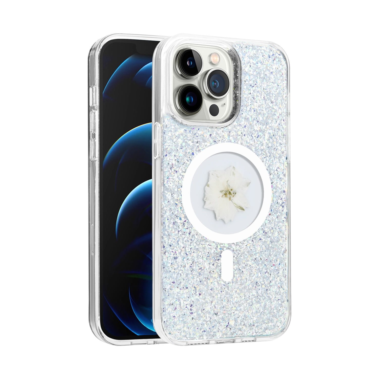 Shop For iPhone 15 PRO Case Epoxy Real Flower Glitter Hybrid Cover + 2 Tempered Glass