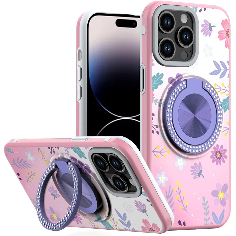 For iPhone 14 PRO MAX 6.7" Metal Diamond CD Pattern Design Matte Finished Hybrid with Rotational Ring [Car Mount Friendly] Case - Floral C